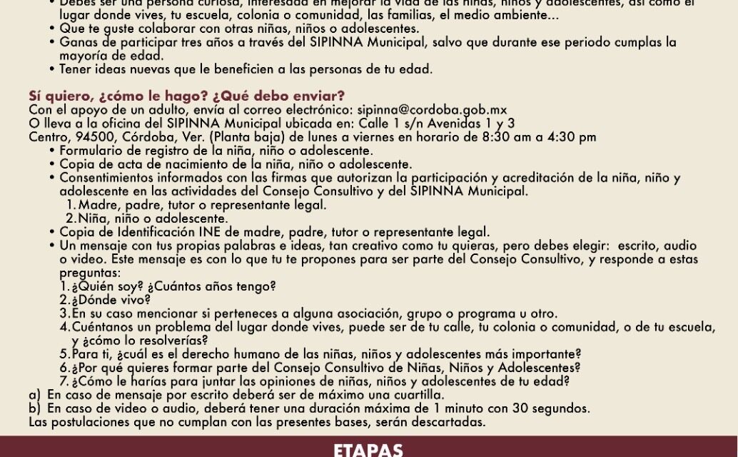 Invita SIPINNA a Niñas, Niños y Adolescentes a participar en la integración del Consejo Consultivo de Córdoba